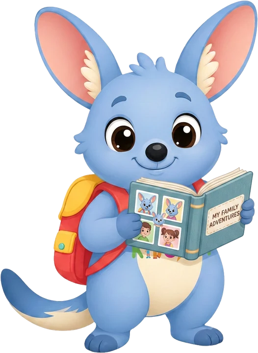 Kiko the bilby hugging a family photo album