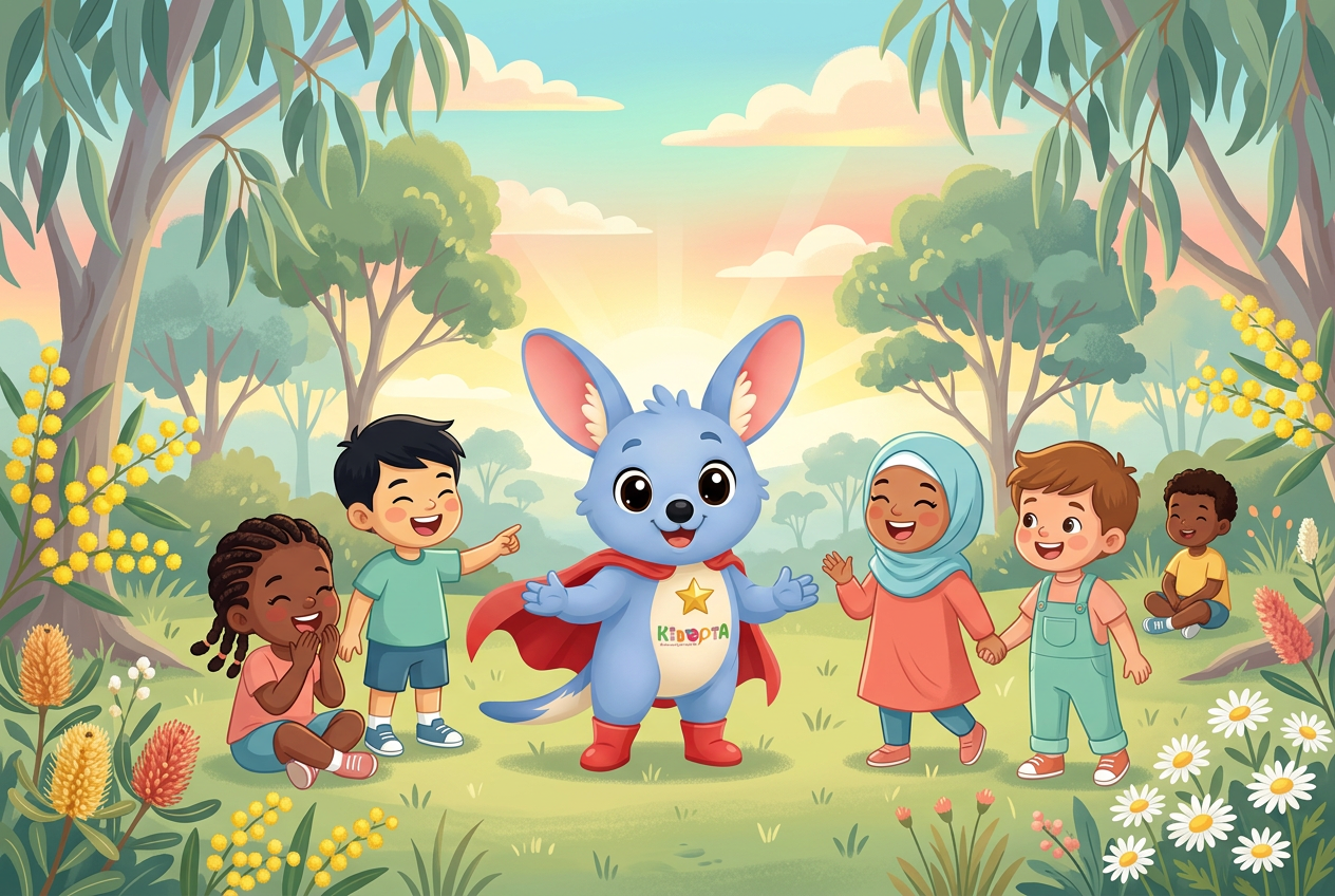 Kiko the Bilby playing with children from diverse cultural backgrounds in the Australian bush