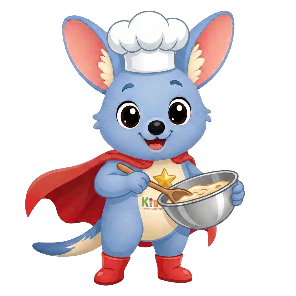Kiko the bilby in a chef hat mixing a bowl of batter