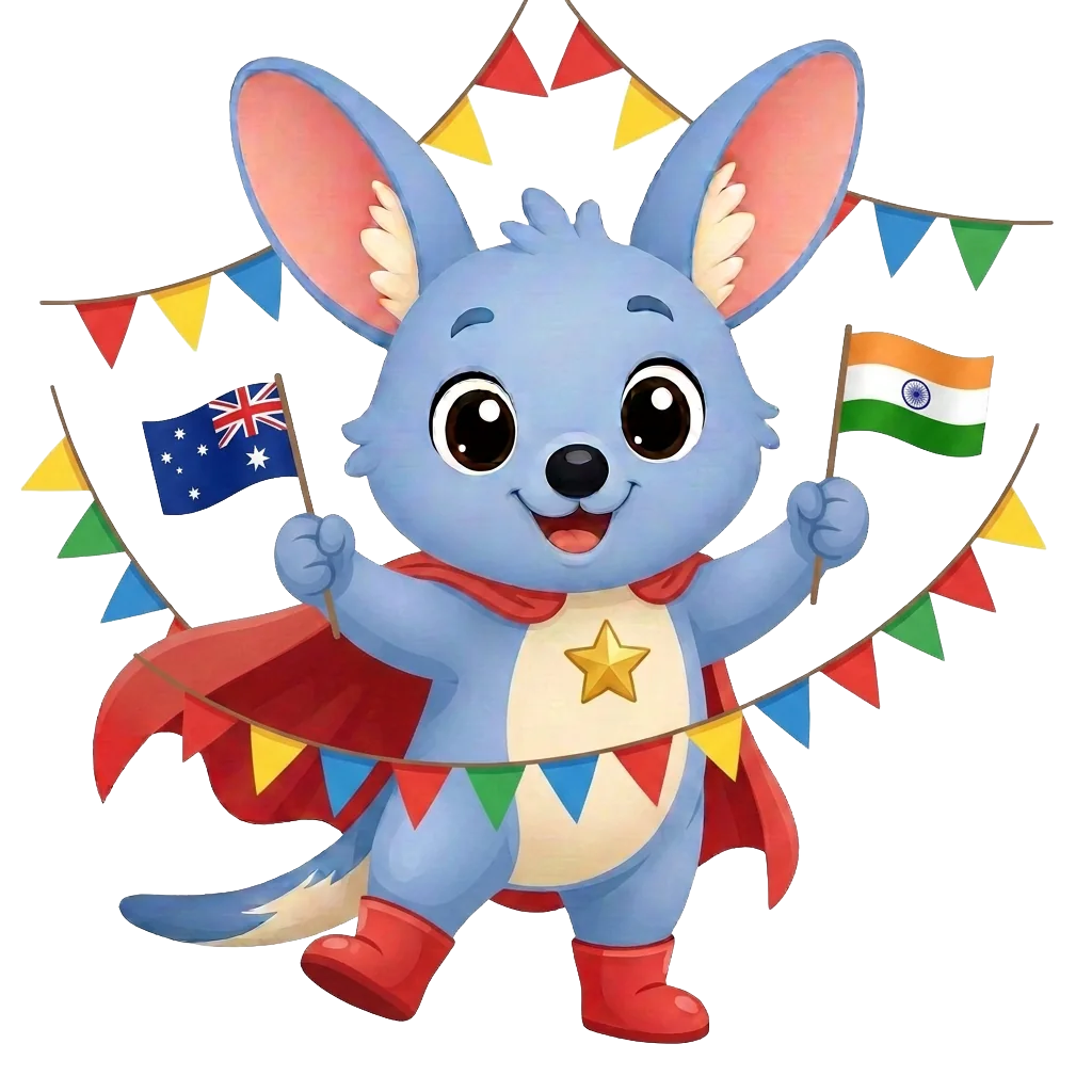 Kiko the bilby celebrating cultures with flags