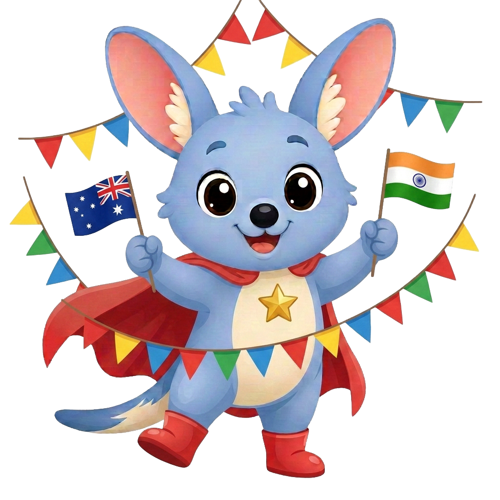 Kiko the bilby celebrating cultures with flags