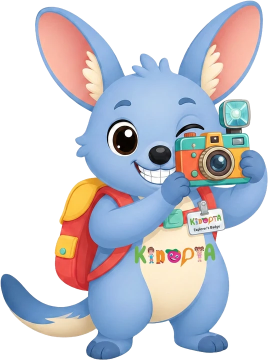Kiko the bilby taking a photo with a colourful camera