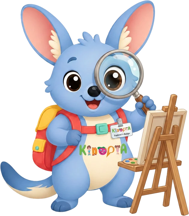 Kiko the bilby exploring with a magnifying glass beside an easel