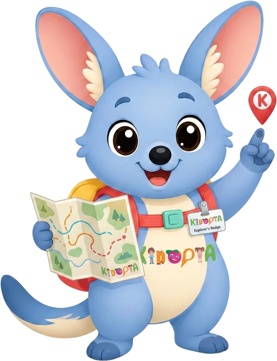 Kiko the bilby holding a map and a location pin