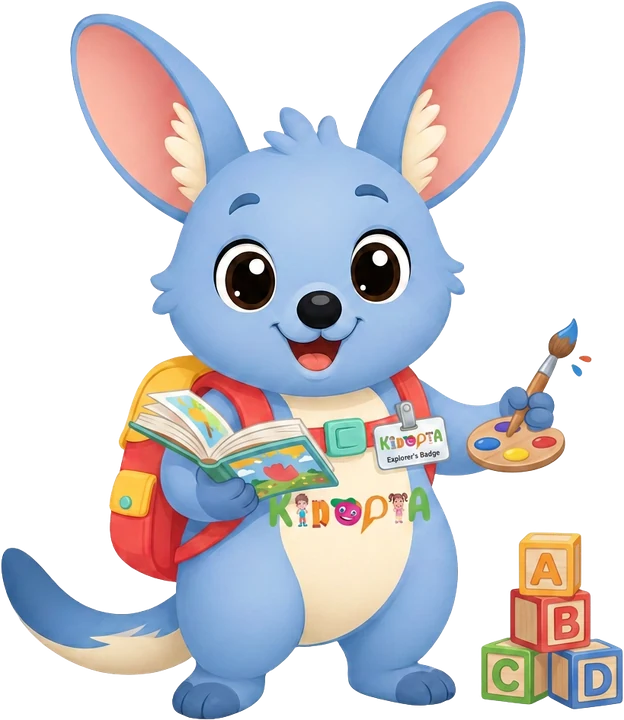 Kiko the bilby with a picture book, paints and building blocks