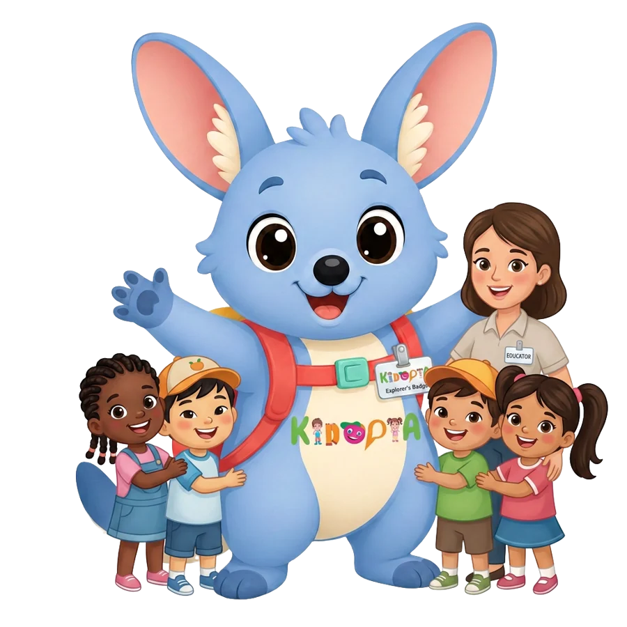 Kiko the bilby with arms open around a group of happy children