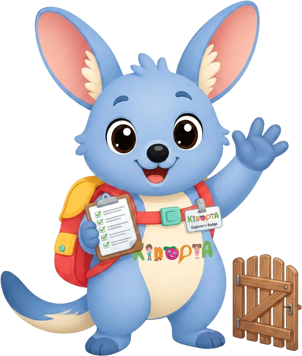 Kiko the bilby waving hello at the centre gate with a checklist
