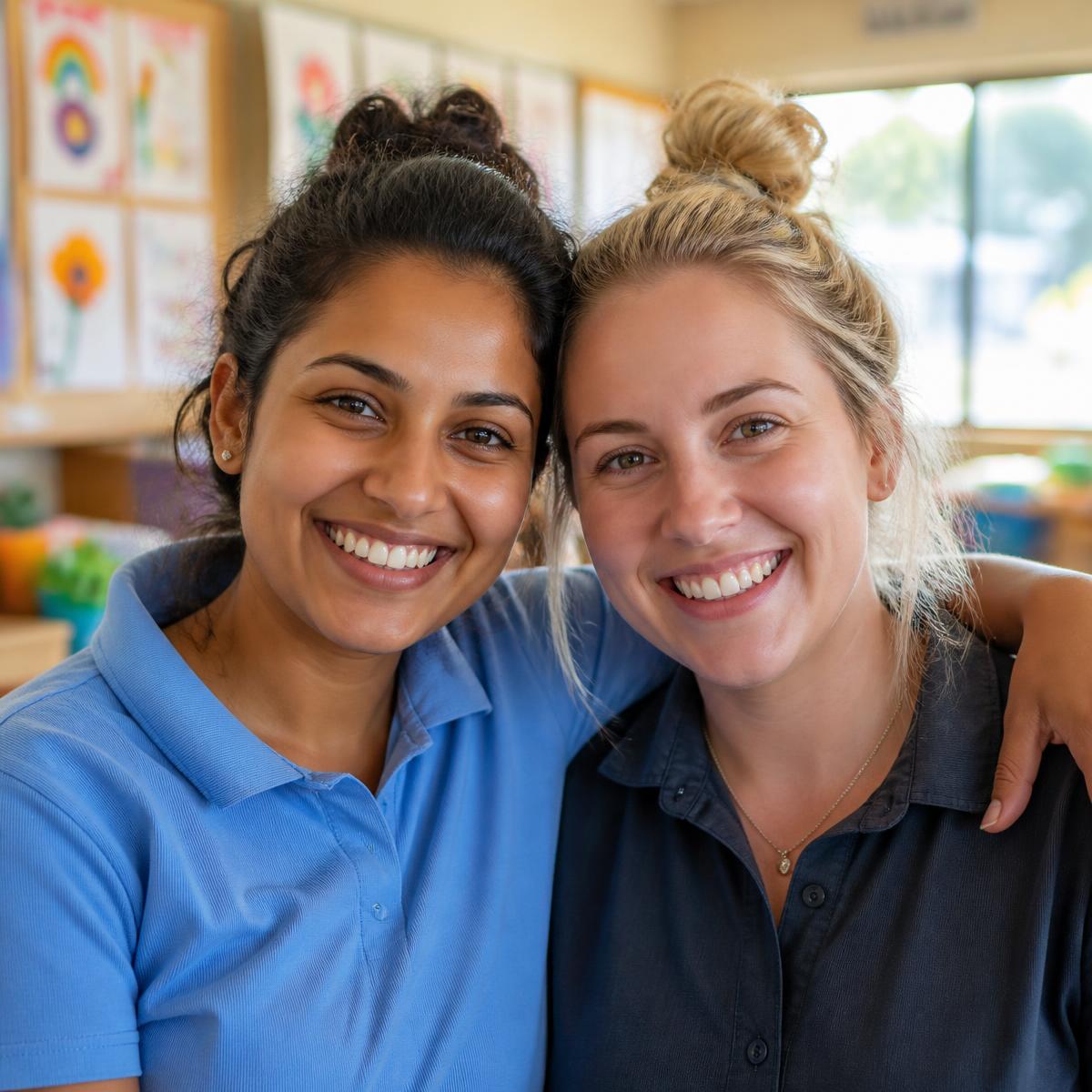 Two smiling Kidopia educators in a sunlit classroom